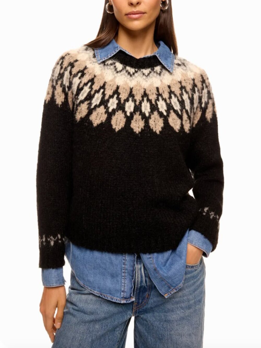Splendid Noelle Fair Isle Sweater in Black & Cream Wool Knit Fairisle Small